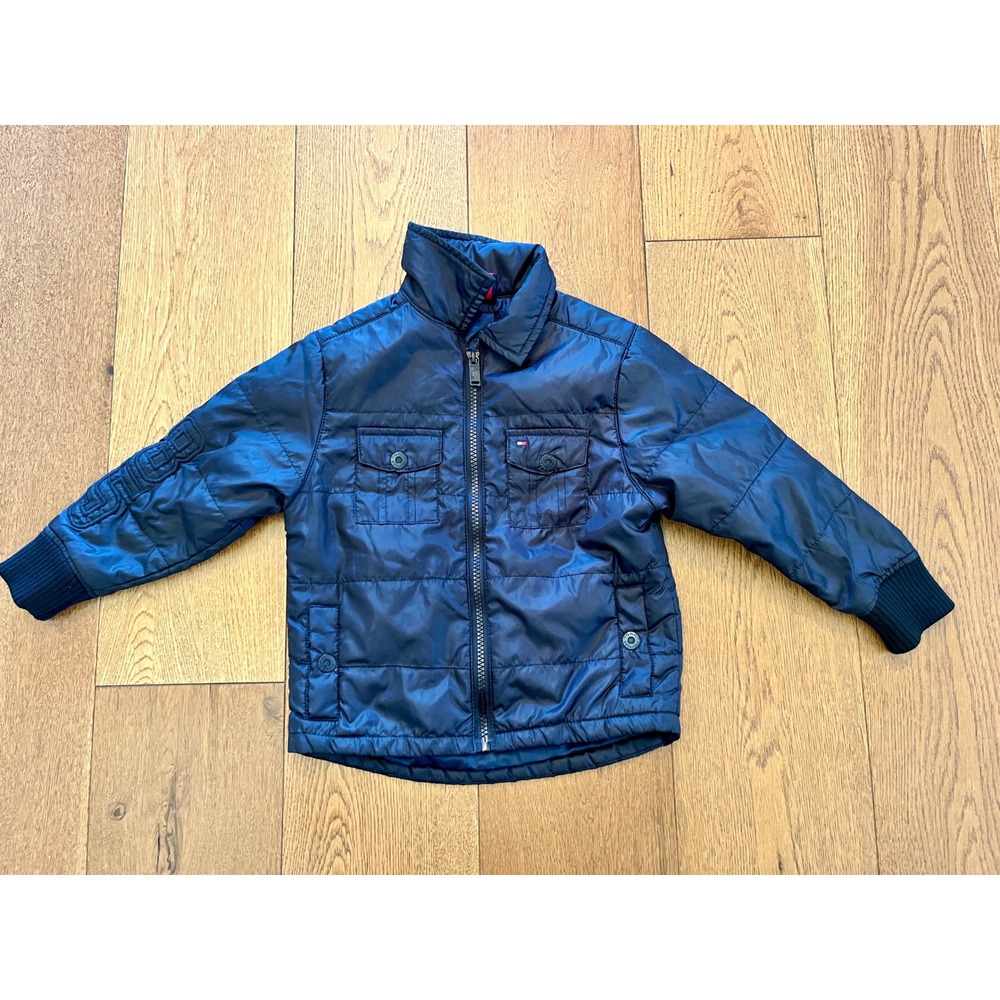Tommy Hilfiger Black Puffer Jacket Kids 2 3 Embossed 85 Sleeve Flap Pocket Coat